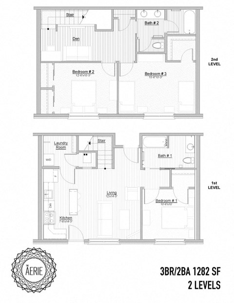 Floor plan for 3 beds, 2 baths, 1282 sqft
